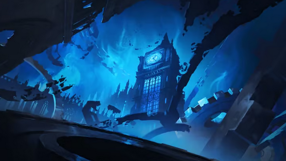 A submerged city beneath deep water, with broken towers and a glowing clock tower in the distance.