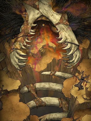 Top-down view of a lair built from massive bones at the edge of a deep ravine. The entrance to the lair is a massive animal skull draped in patchwork hides. A bright red liquid runs from the skull’s jaw.