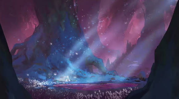 A glowing pink forest pond surrounded by massive dense trees and soft pink light.