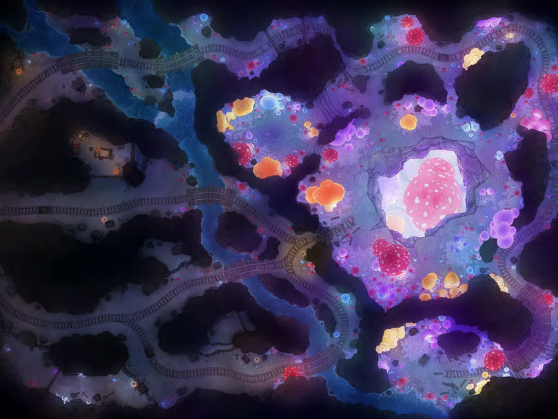 Top-down view of labyrinthine mine tunnels with rail tracks winding through caverns. The tunnels lead into a large central cavern filled with large bioluminescent mushrooms, and a hole in the ground leading deeper down.
