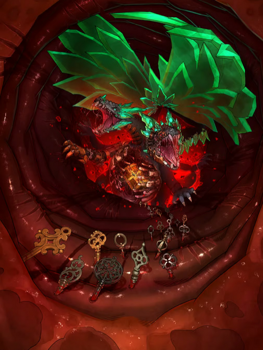 Top-down view of a deep pit surrounded by fleshy walls embedded with large ornamental keys. A crystalline two-headed dragon sits at the bottom, roaring and attempting to claw its way up.