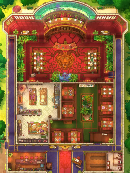 Top-down view of an opulent restaurant with a grand dining hall, a banquet room with a large aquarium, and a large, stocked kitchen. The establishment is decorated with plush red and green carpets and filled with tropical plants.