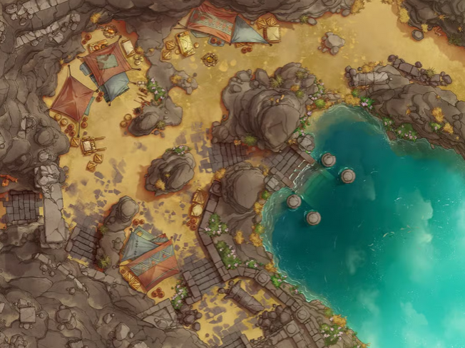 Top-down view of a mountain pass camp set at the foot of steep cliffs. Tents and wagons cluster near a winding rocky road and a clear blue lake.