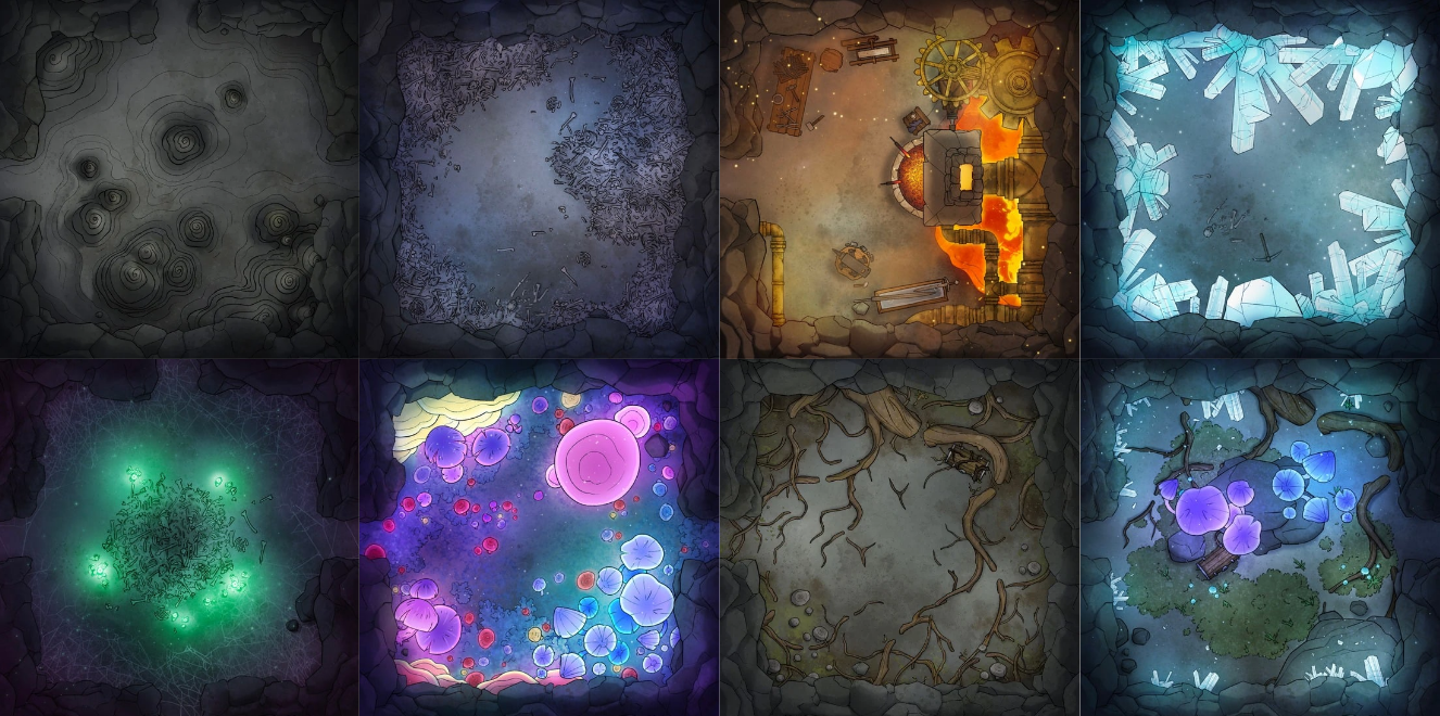 A set of eight cavern battlemaps, featuring varied terrains and biomes. Starting from the top left: they feature caverns filled with stalagmites, piles of bones, steampunk forges powered with lava, bioluminescent crystals, bones illuminated by ritual magic, giant mushrooms, gnarled tree roots, and finally a mix of the last three.