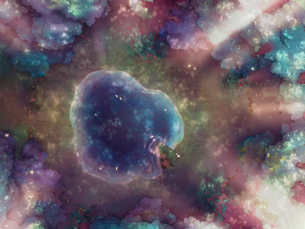 Top-down view of a dense enchanted forest clearing surrounding a glowing pond. Pink light filters through the lush foliage.