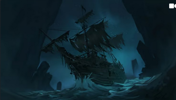 A ruined galleon with ragged sails in dark blue water.