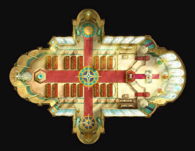 Top-down view of a cathedral interior with red carpets and upholstery, large stained glass windows, and sun motifs throughout the decor.