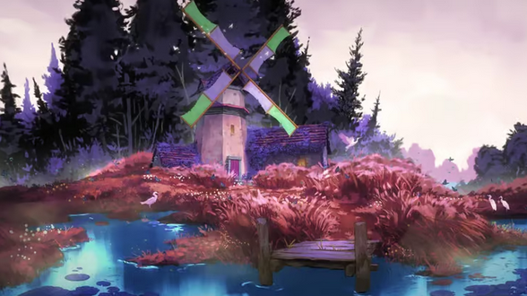 A purple and green windmill standing before a dense forest, built amidst bright blue water and pink foliage.