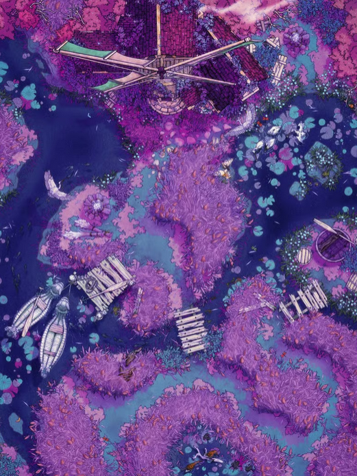 Top-down view of a whimsical marshland with dark purple water flowing around pink grass mounts. A windmill with pink roof tiles stands at the end of a winding path.