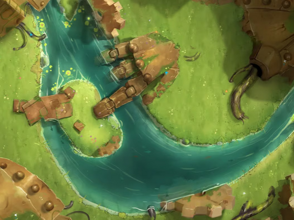 Top-down view of plains filled with towering piles of broken metal, thick wiring, and massive construct parts. A large broken hand forms a bridge over a rushing river.