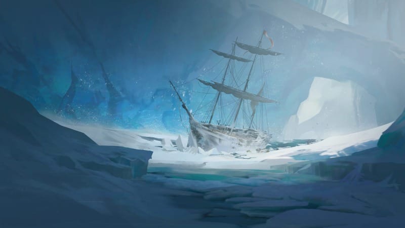 Distant foggy view of a three-masted ship dwarfed by massive glaciers, half-submerged and lodged among ice floes.