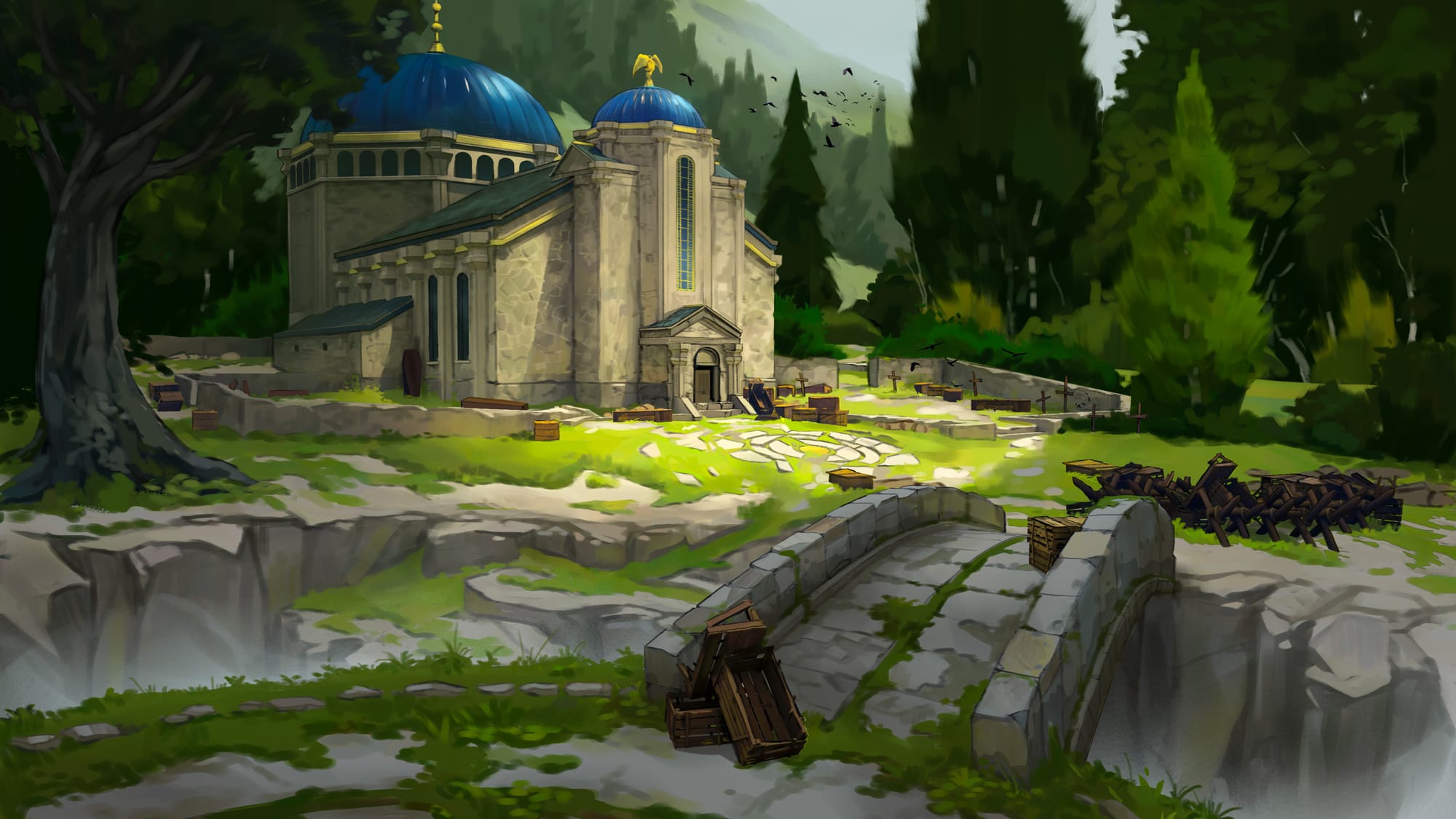 Illustrated scene of a large chapel with two blue domed roofs set in a forest clearing surrounded by towering pine trees, as seen from across a stone bridge.