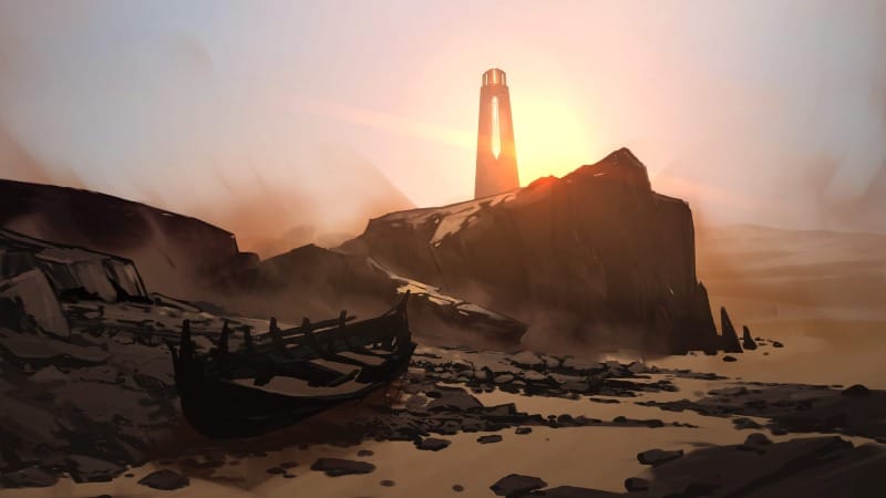 Illustrated view of a towering lighthouse on a rocky outcrop rising from desert sands at dusk, its beam cutting across the dunes under a cloudless sky.