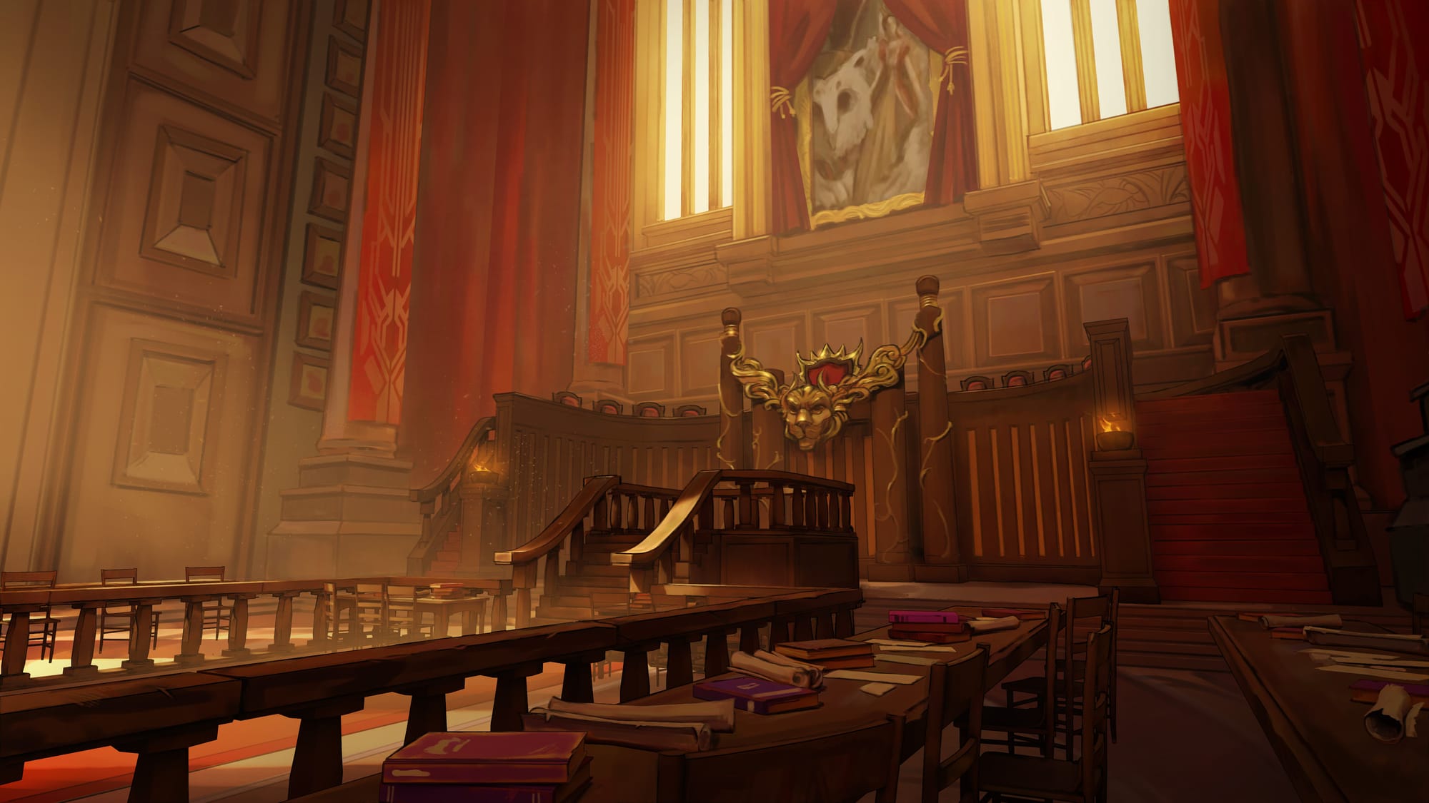 Sunlight pours into an imposing courtroom with long benches, red curtains, and an ornate raised judge dais.