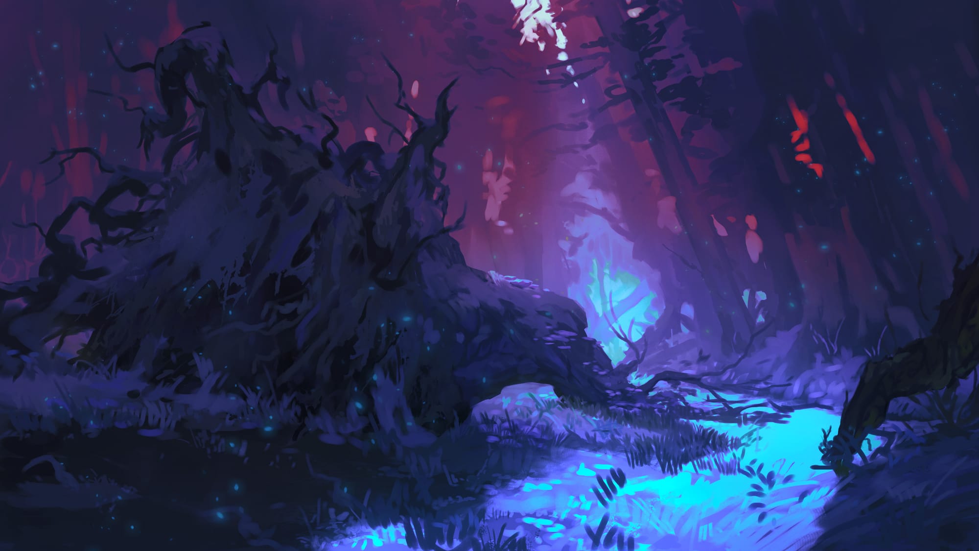 A strange forest lit in pinks, purples, and reds, with twisted trees and broken trunks. A glowing blue stream winds through the undergrowth.