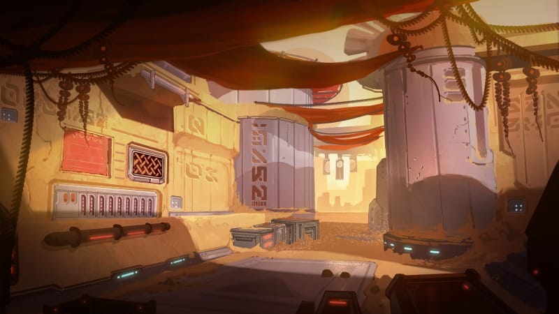 First-person view of a fortified desert city gate with metal panels and checkpoint machinery. Red tarps stream from overhead beams.