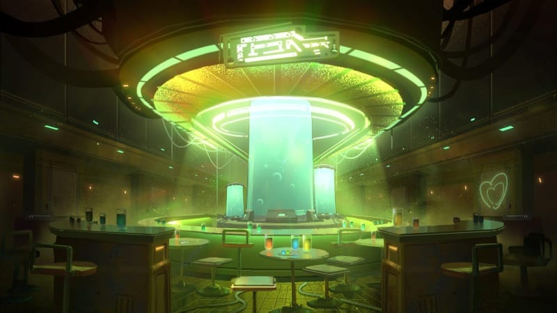 First-person view of the tavern bar glowing with pulsing neon lights. Multi-colored drinks adorn every table and booth.