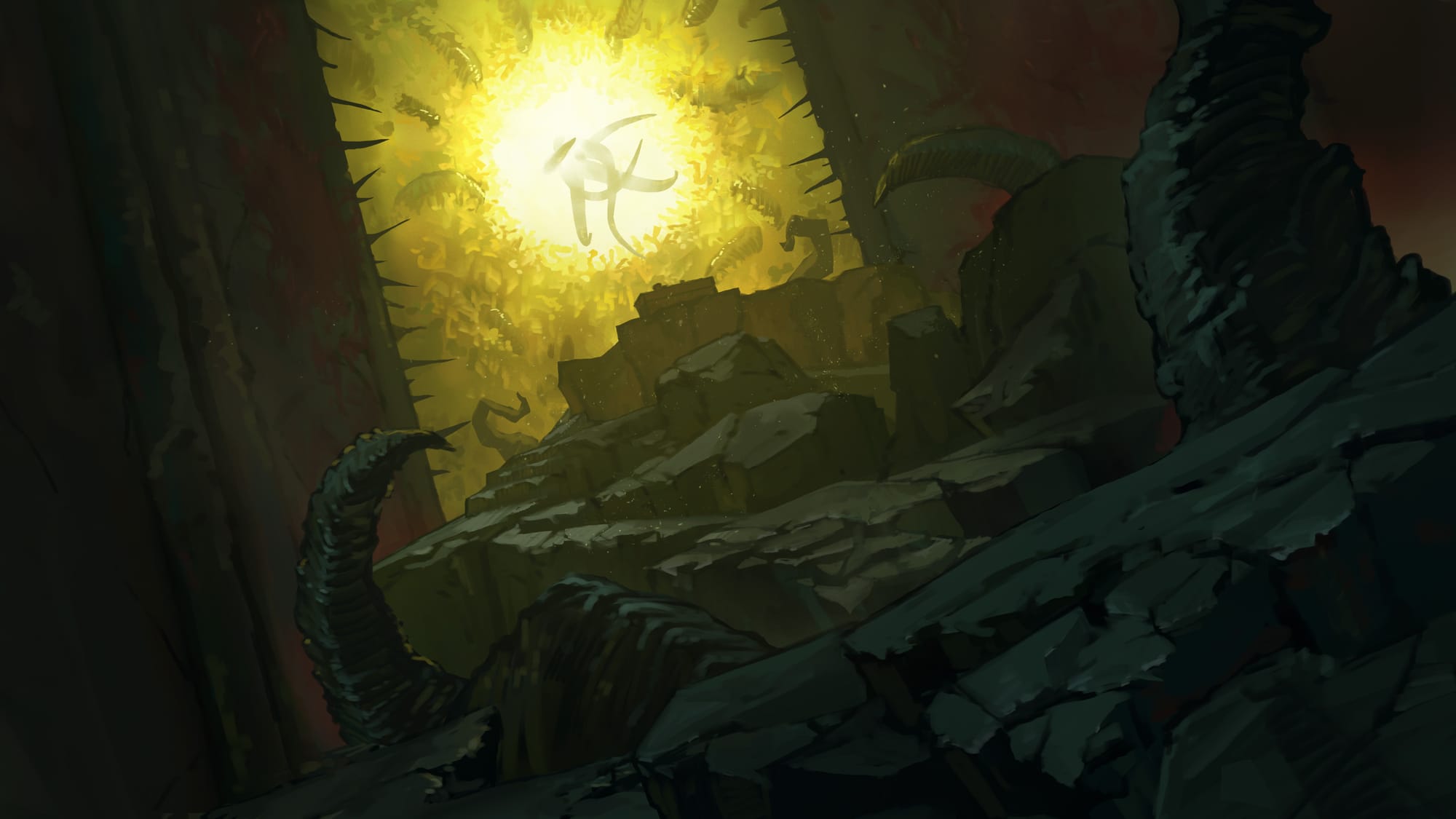 Illustrated scene of an eldritch interior swarming with tentacles. A jagged stone doorway opens onto a bright, sickly-yellow portal, with thick black tentacles erupting from the floor and walls around it.