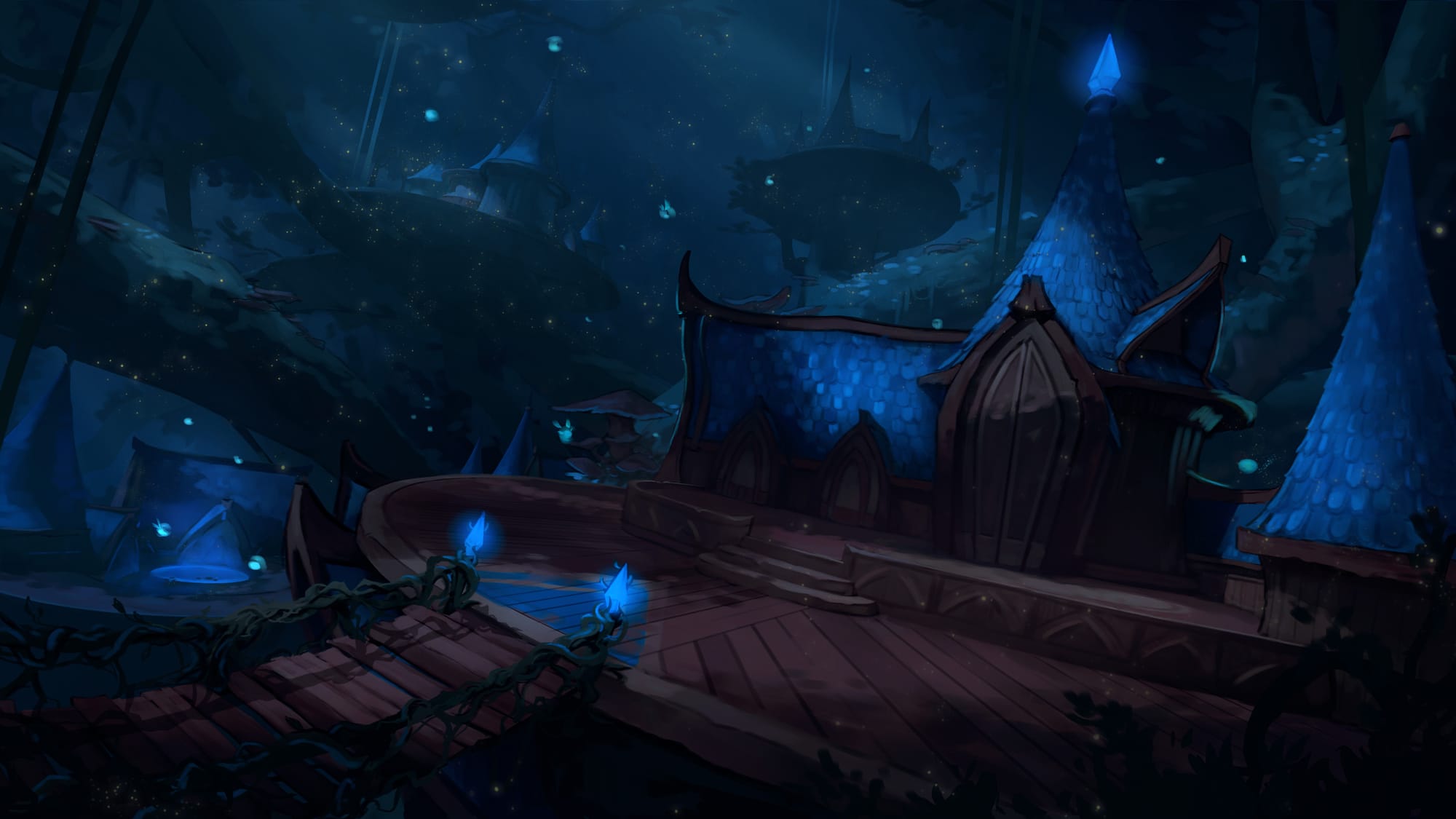View from a wooden platform looking out over glowing treetop bridges and blue-roofed houses built among massive branches
