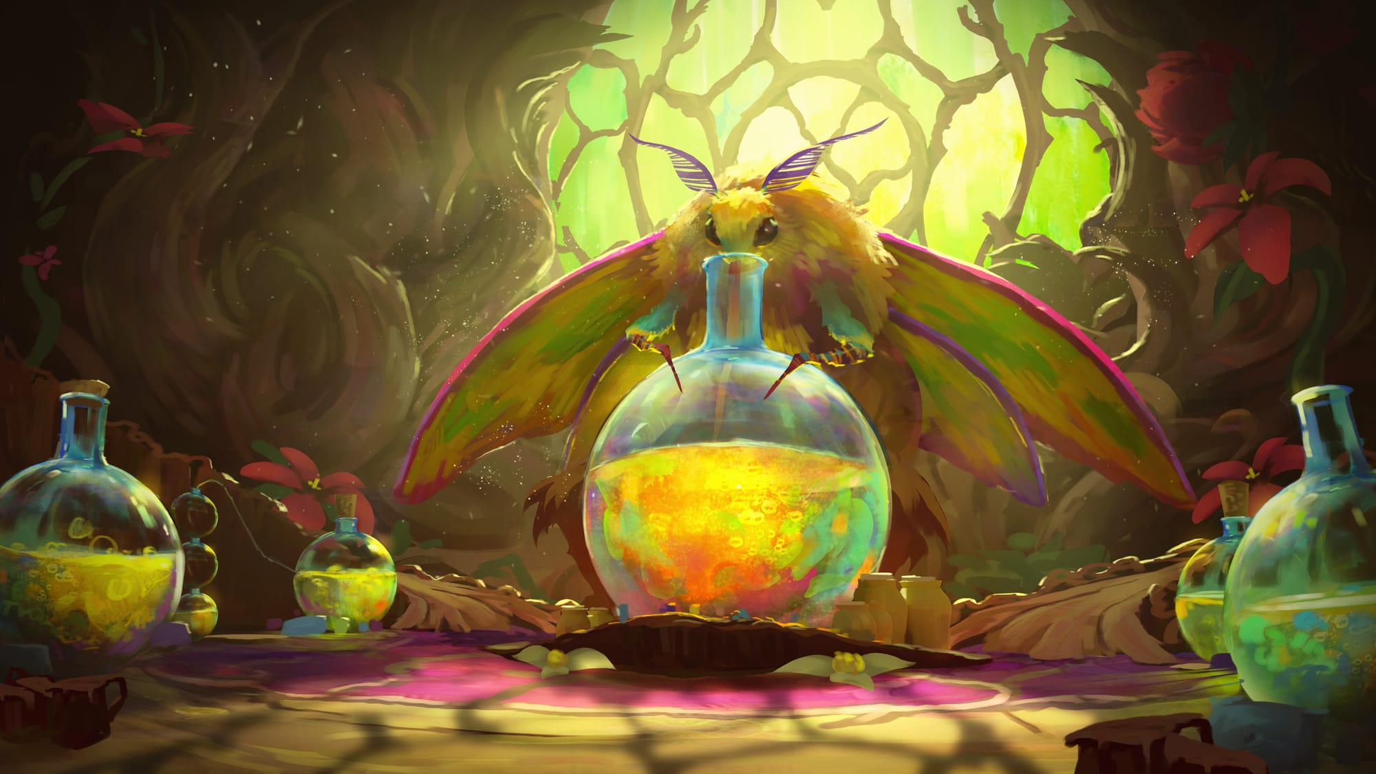 Close-up illustration of an iridescent moth brewing glowing golden liquid in a boiling flask. Sunlight shines through green stained-glass in a twisted tree trunk.