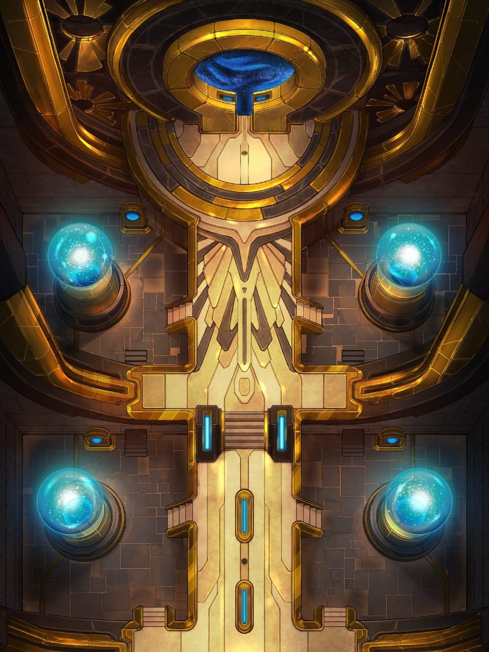 A vast golden corridor lined with glowing blue energy spheres, leading towards a massive glowing arcane device.