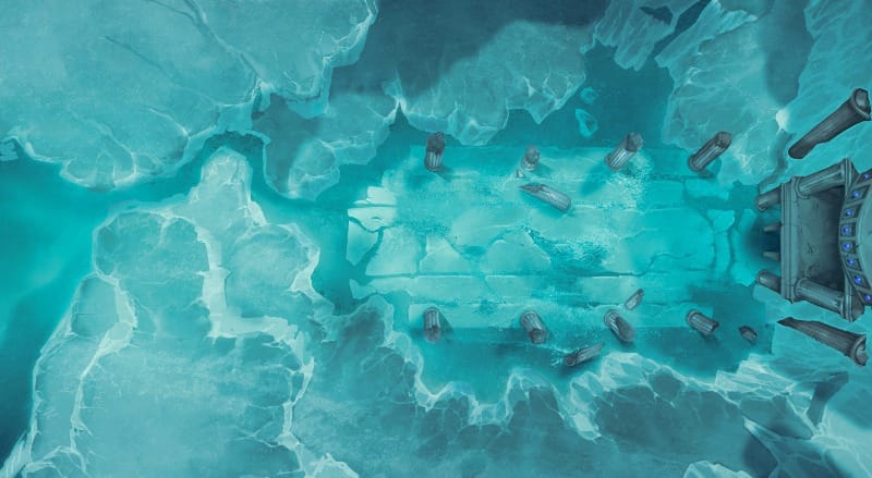 Top-down view of ancient ice-covered ruins framed by glowing frozen cliff walls. Broken pillars line a path leading to a towering stone temple entrance.