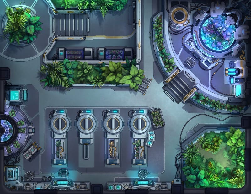 Top-down view of a modern research lab filled with lush plant life, ferns, and growing beds. In one corner, a large glass tank full of cables holds an alien-seeming purple plant.