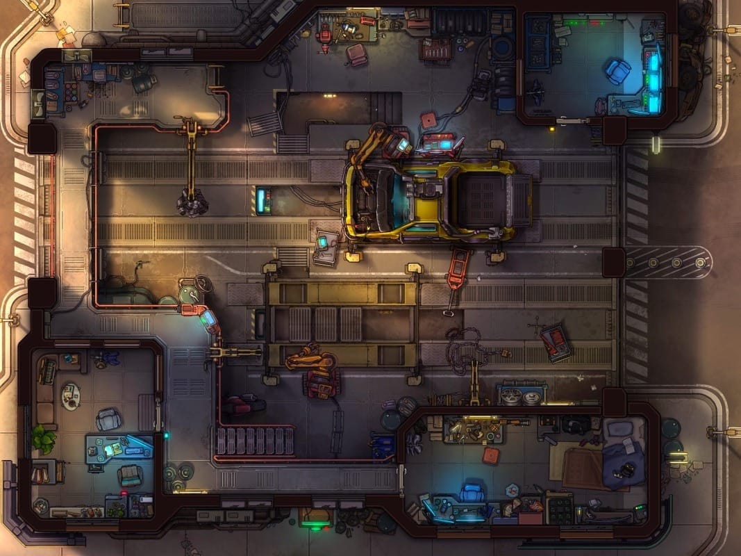 Top-down view of a scrapyard workshop filled with parts, mechanical arms and lifts, and a vehicle being dismantled in the center. Small offices surround the workshop.