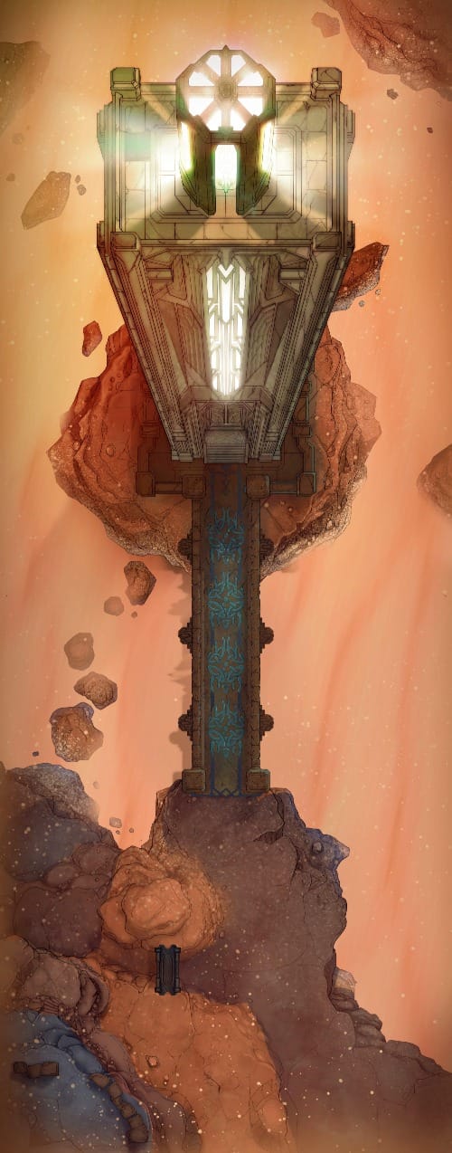 Top-down desert map showing a tall, regal lighthouse perched on a rocky outcrop, casting pale light across sand dunes. A large bridge connects it to a tall, rocky cliff.