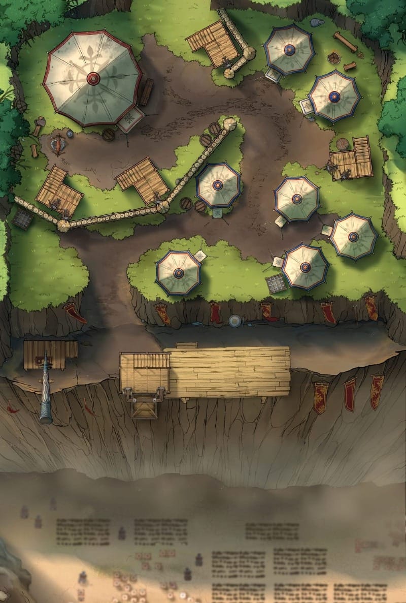 Top-down view of a small war camp of clustered tents perched along the side of a steep cliff. Standing under the cliff are rows of soldiers.