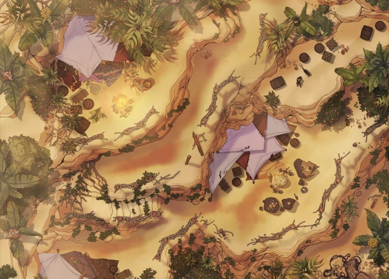 Top-down view of a desert encampment made of canvas tents and supplies spread across sandy and rocky terrain with patches of greenery.