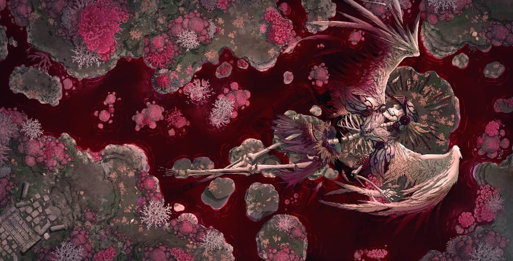 A crimson lake filled with coral-like growths and the skeletal remains of a giant winged figure, half-submerged in the water.
