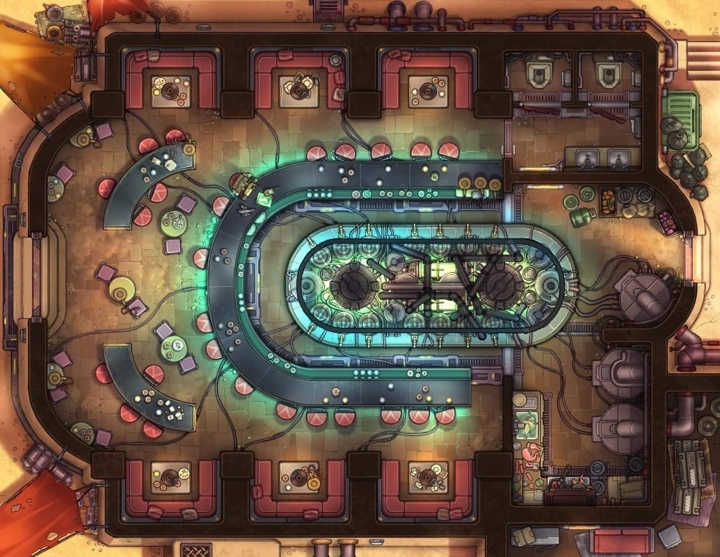 Top-down view of a sleek, futuristic tavern with neon lighting, boots and tables and a glowing bar. Tech fixtures and cables run across the floors.