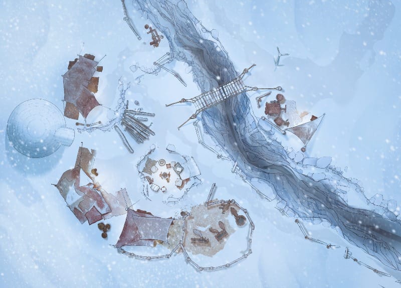 Top-down view of a temporary nomad camp with leather tents around a central fire, next to a snowy ravine. An igloo and scattered supplies sit among snowdrifts.