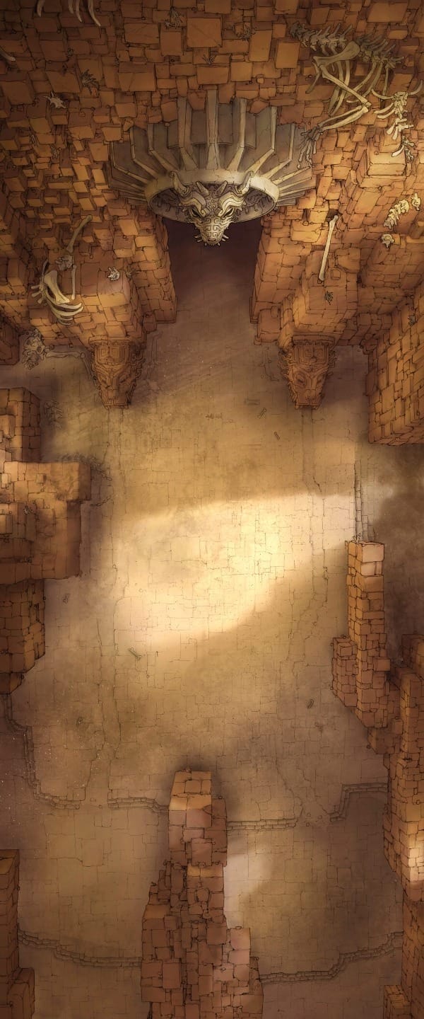 Top-down map of a towering sandstone lair. The entrance is carved with a massive dragon head, and littered with various large bones and sandstone pillars.