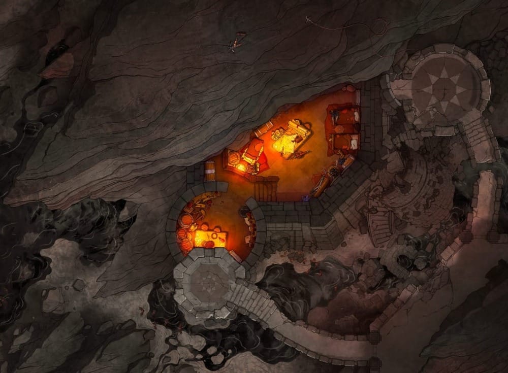 Top-down battlemap of a fortified desert outpost built into a gray craggy stone cliff. Interior rooms are furnished with several beds and a communal dining area.