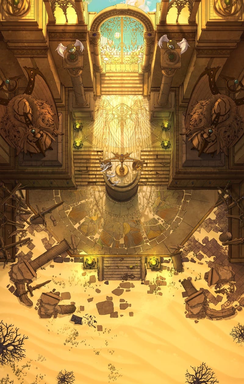 Top-down view of a large ornate golden gate, flanked with tall walls and towering statues of masked, feathered figures. Two flights of cracked stone stairs lead from the desert sand to the gate, beyond which appear to be blue cloudy skies.