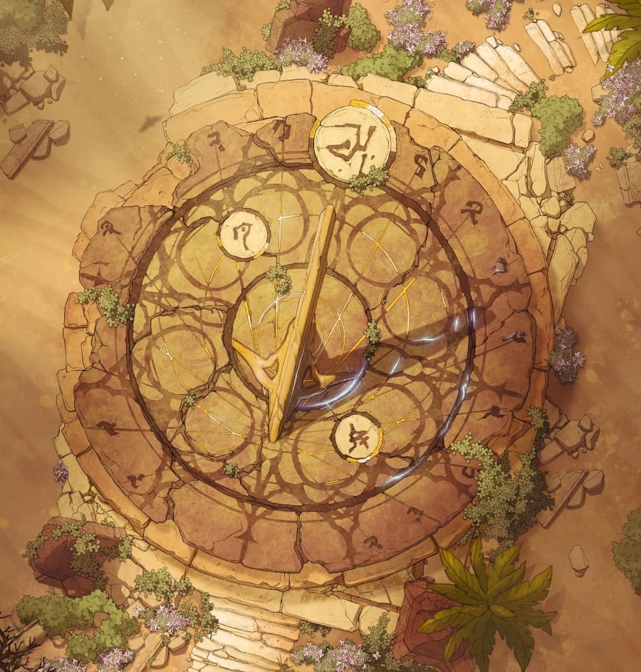 Top-down map of a colossal cracked stone sundial amidst desert sand and foliage. It is covered with carved fictional symbols.