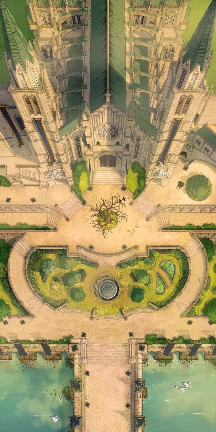 Top-down view of a grand cathedral courtyard with trimmed greenery and a long stone bridge. The cathedral comprises tall spired green towers and white marble walls.
