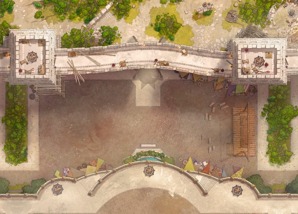 Top-down view of towering stone battlements and defensive towers along a city wall.