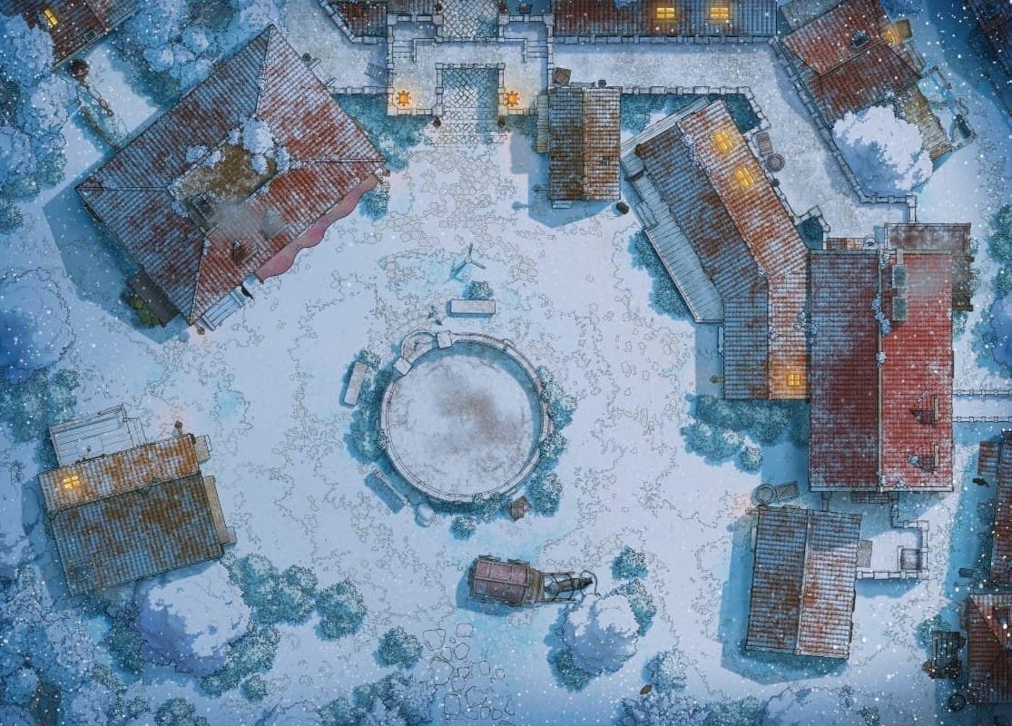 Top-down view of a snow-dusted village square with cozy red and orange-roofed houses clustered around a frozen fountain.