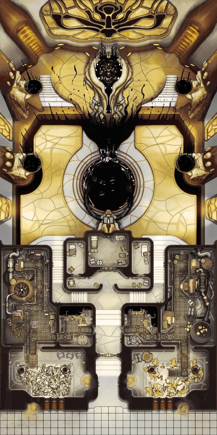 Top-down view of a monastery complex with small rooms and gardens framing a central chamber, featuring a circular altar, facing a large screen-like wall and podium.