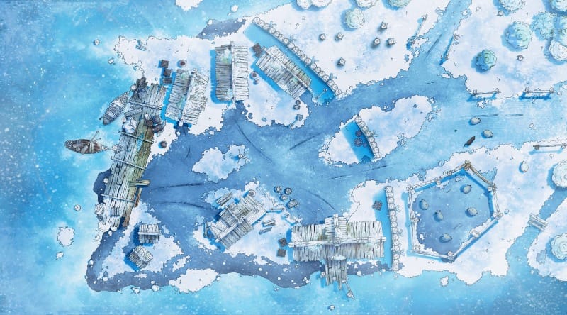 op-down view of a rustic lakeside hamlet with thatched huts inside wooden palisades beside a frozen lake. Rowboats sit at wooden docks, with crates, fishing gear, and a small pen for sheep.