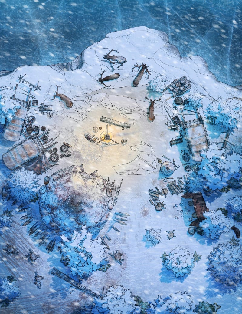 Top-down view of a winter travel camp beside a frozen lake, with tents, caravans, and reindeer around a central campfire and cooking pot. The forest clearing is filled with supplies and timber, and snow is falling heavily.