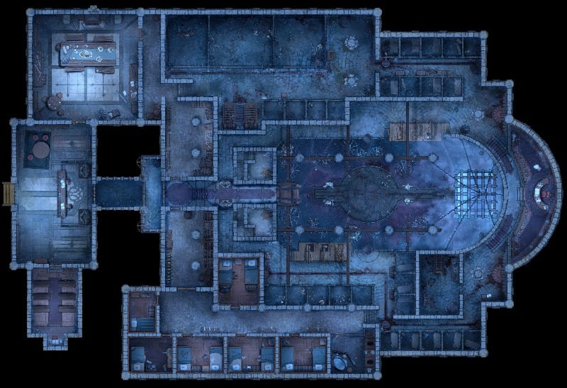 Top-down view of a frozen stone prison interior with multiple rooms, including cells, cages, and guard quarters. Dirty floors, iron bars, torture devices, and blood-stained areas create a grim environment.