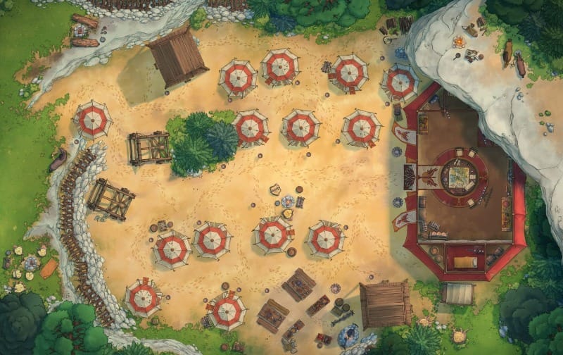 Top-down view of a military camp with rows of canvas tents, wooden palisades, and siege weapons surrounding a larger command tent.