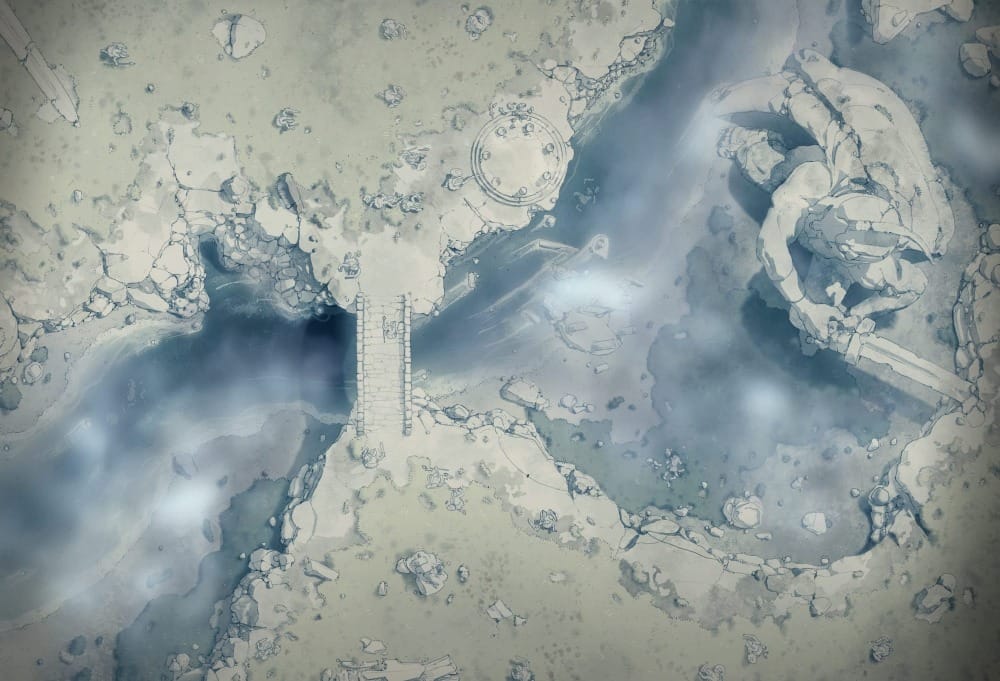 A fog-filled canyon with a river winding through it. A large stone statue is frozen mid-swing, and broken ruins hide in the mist.
