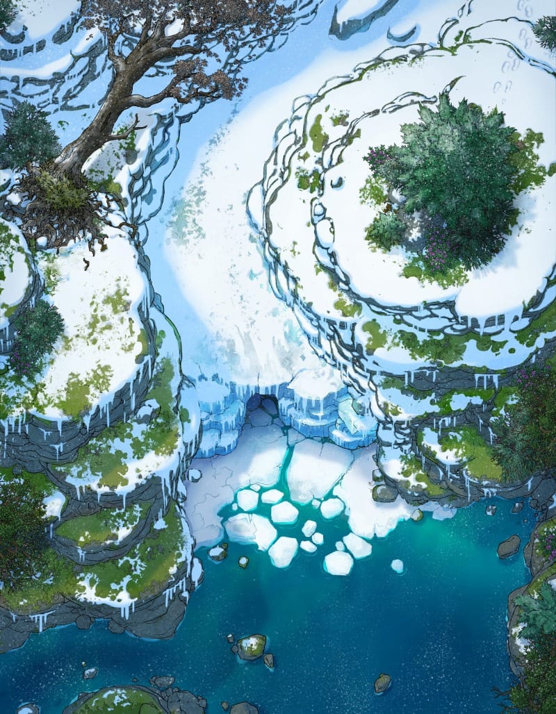 Top-down view of a melting glacier in a snowy forest, with the meltwater forming a stream. Green grass, wildflowers, and a small cave opening are revealed beneath the thaw.