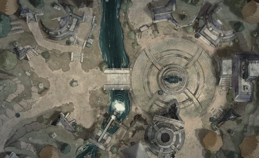 An abandoned stone city carved into rocky hillsides, with forges and workshop buildings surrounding a central circular plaza.