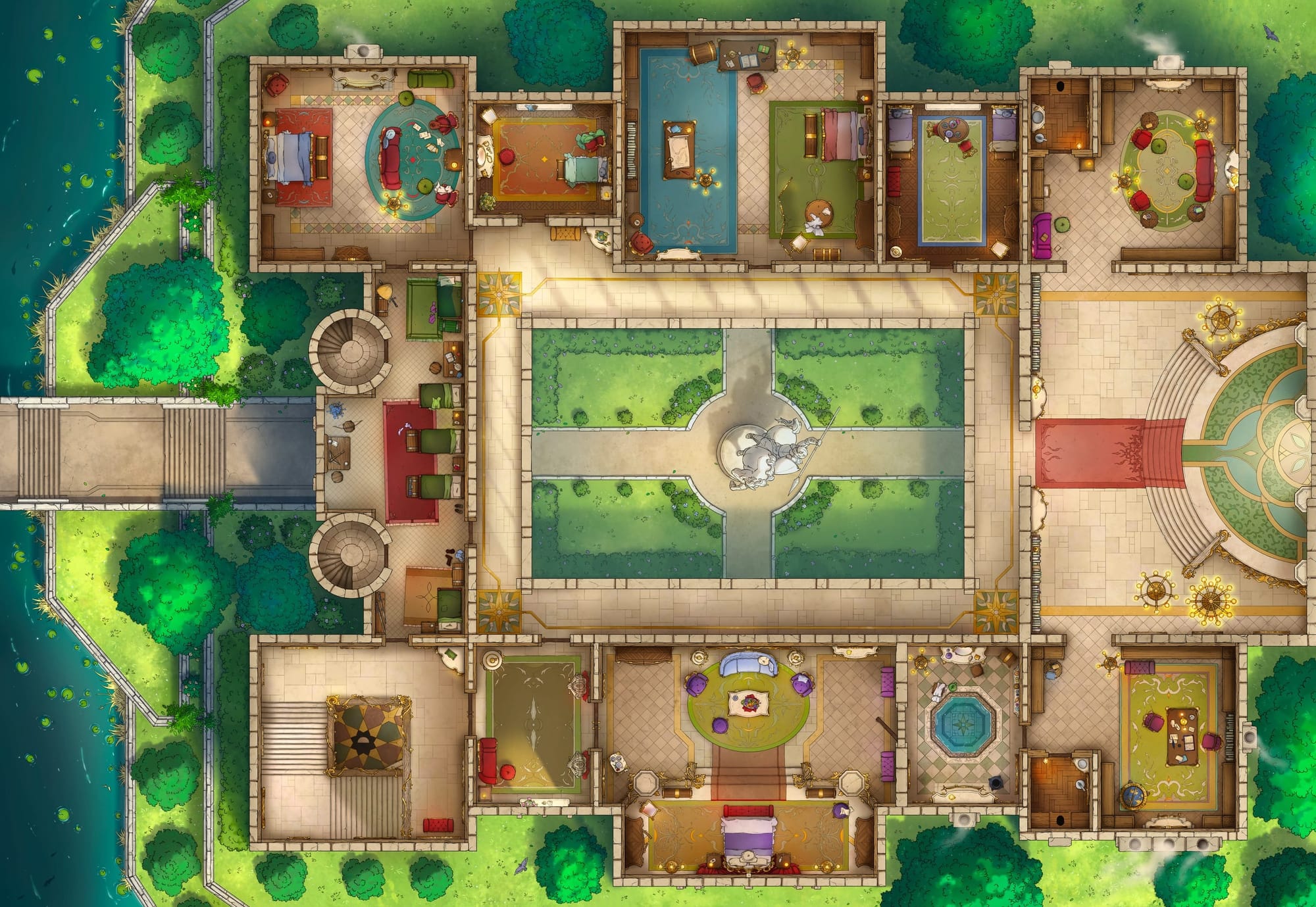 Top-down view of the courtyard of an expansive royal palace, surrounded by well-decorated living quarters and communal spaces.